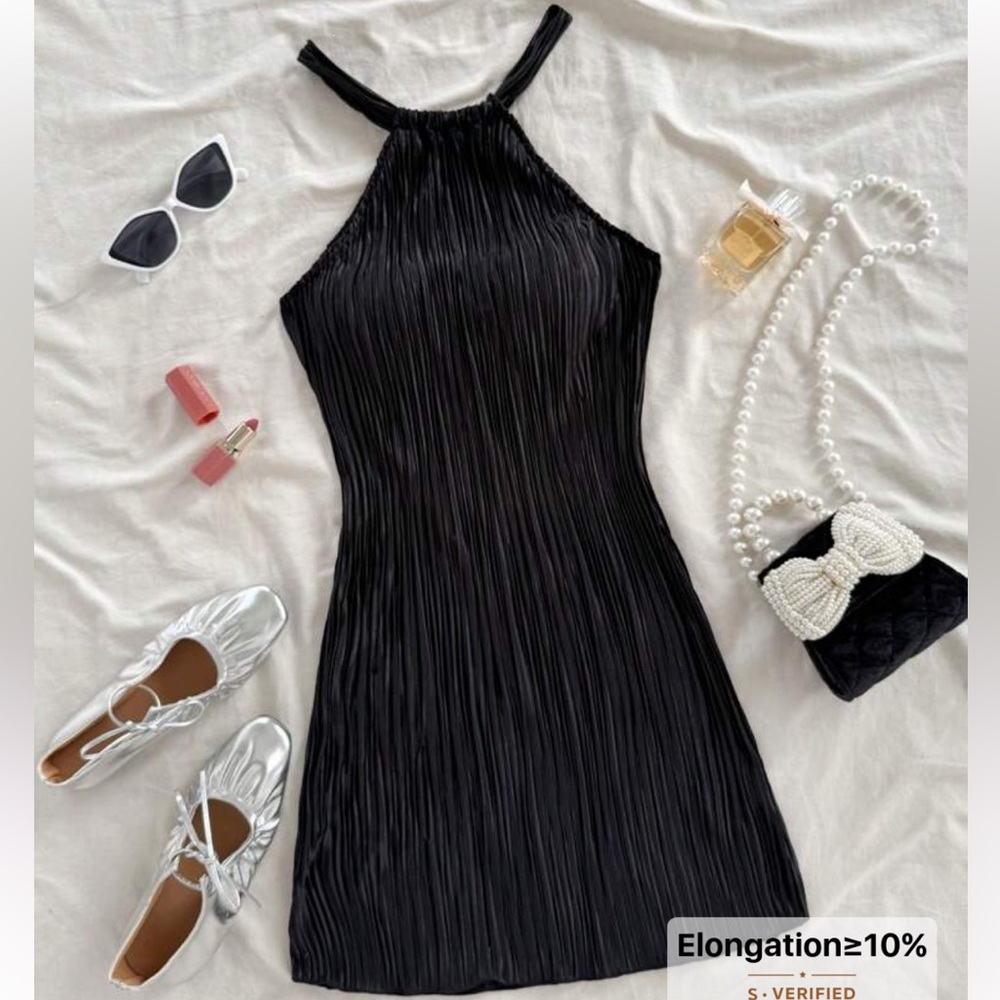 Black pleated halter neck mini dress size S